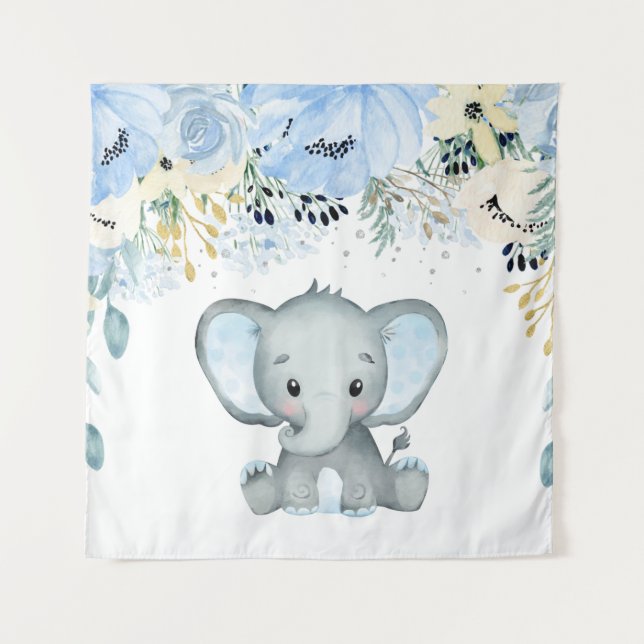 Blue floral Elephant Nursery Baby Boy Tapestry (Front)