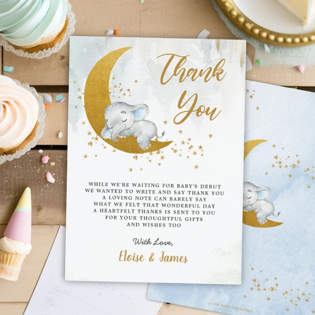 Blue Floral Elephant Over the Moon Baby Shower Thank You Card (Creator Uploaded)