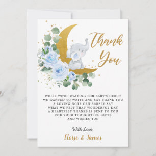 Blue Floral Elephant Over the Moon Baby Shower Thank You Card