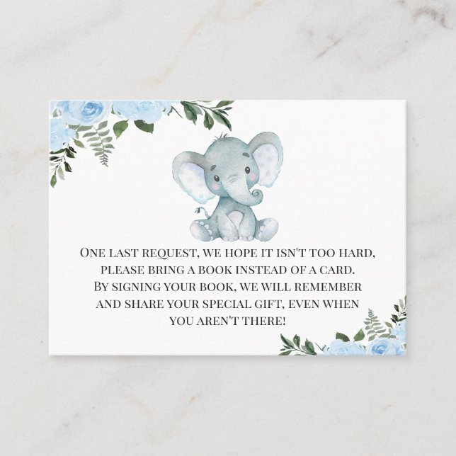 Blue Floral Elephant Peanut Book Request Enclosure Business Card (Front)