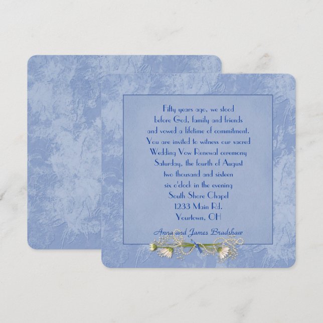 Blue Floral Embossed Wedding  Vow Renewal Invitation (Front/Back)