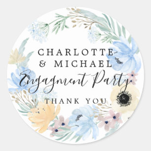 Blue Floral Engagement Thank You. Classic Round Sticker