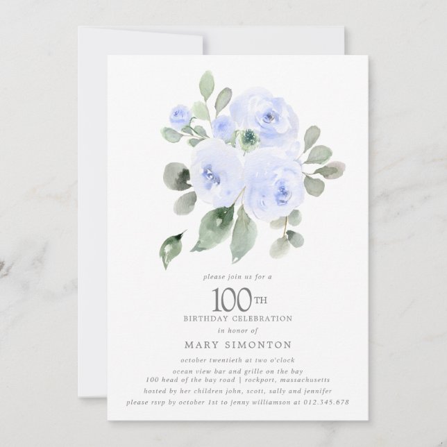 Blue Floral Eucalyptus 100th Birthday Party Invitation (Front)