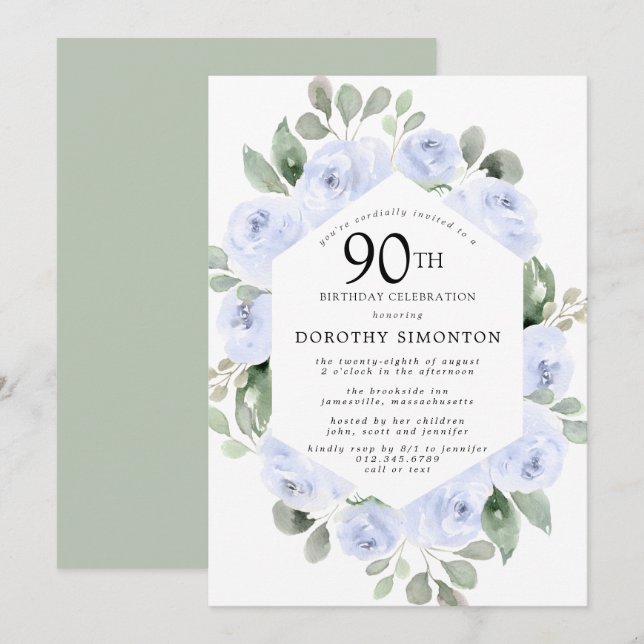 Blue Floral Eucalyptus 90th Birthday Party Invitation (Front/Back)