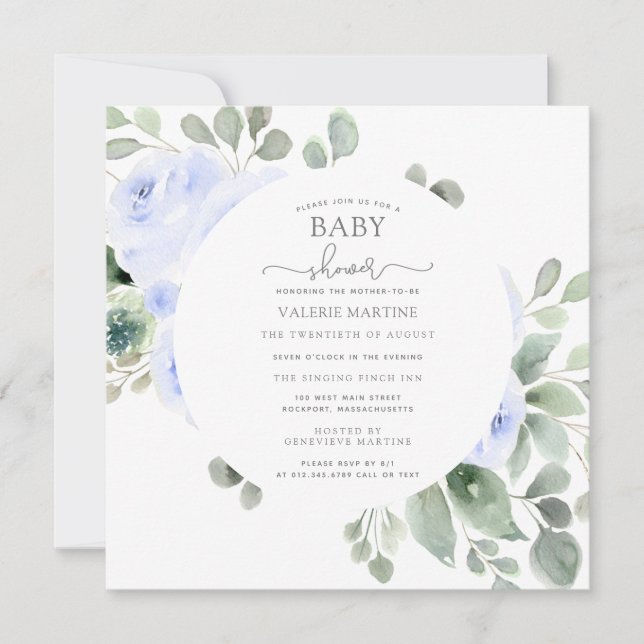 Blue Floral Eucalyptus Botanical Baby Shower Invitation (Front)