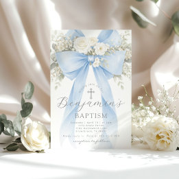 Blue Floral Eucalyptus Bow Boy Baptism Invitation