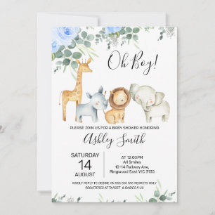 Blue Floral Eucalyptus Cute Safari Baby Shower Invitation