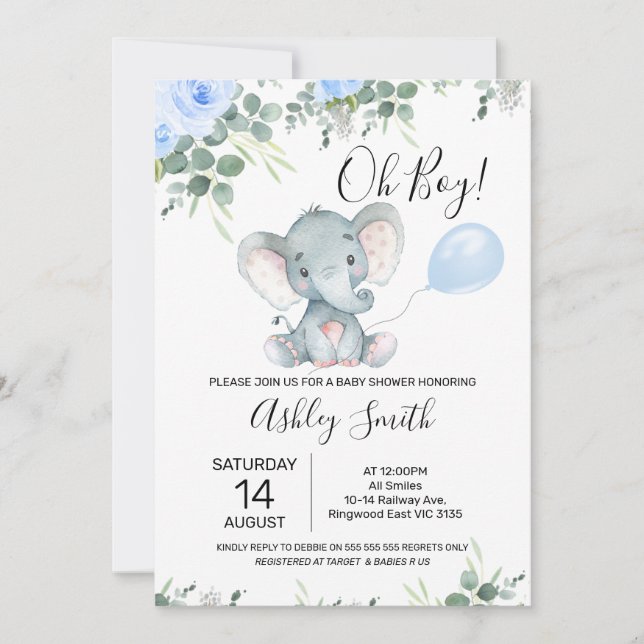 Blue Floral Eucalyptus Elephant Baby Shower Invitation (Front)