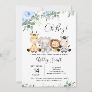 Blue Floral Eucalyptus Four Safari Baby Shower Invitation