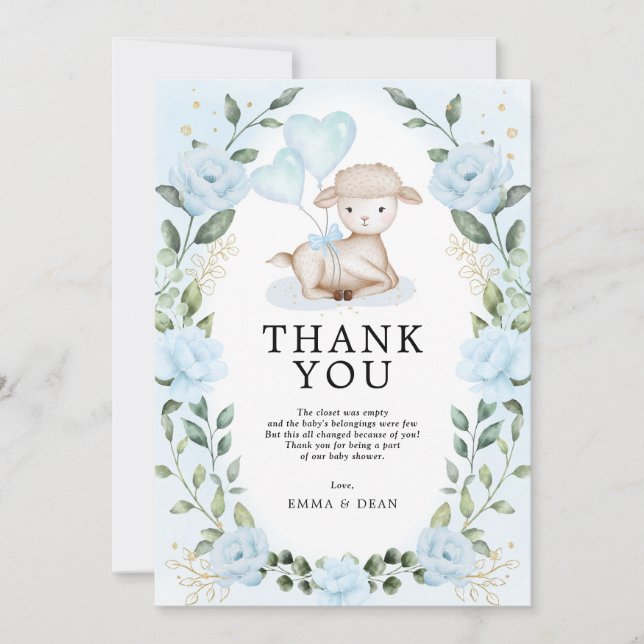 Blue Floral Eucalyptus Lamb Baby Sheep Shower Thank You Card (Front)