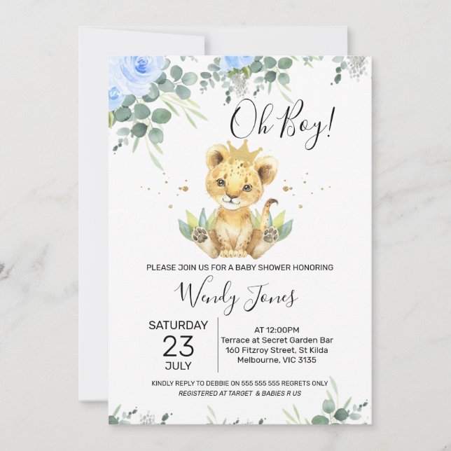 Blue Floral Eucalyptus Lion King Baby Shower Invitation (Front)