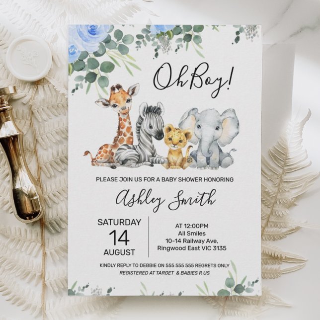 Blue Floral Eucalyptus Safari Baby Shower Invitation (Creator Uploaded)