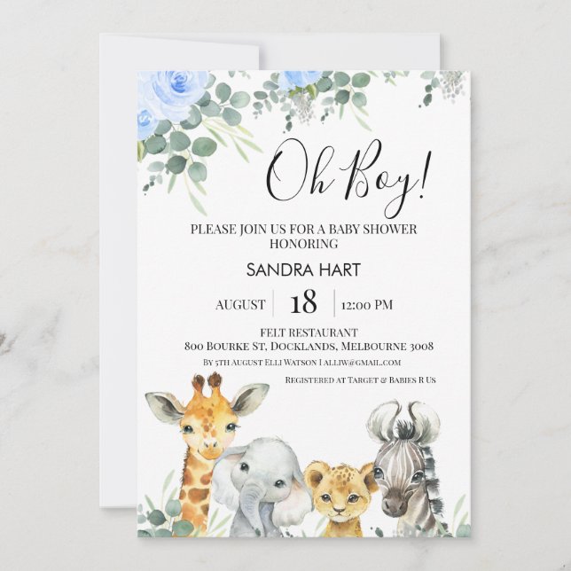 Blue Floral Eucalyptus Safari Heads Baby Shower Invitation (Front)
