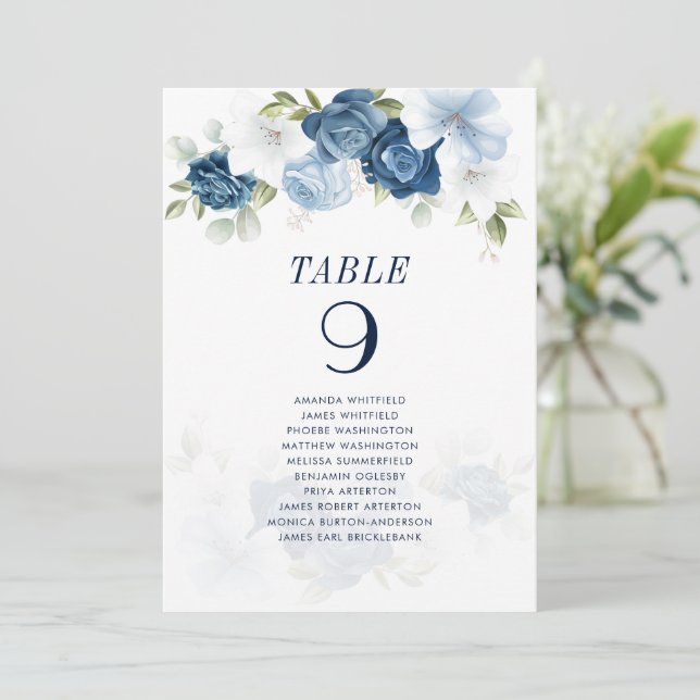 Blue Floral Eucalyptus Table Number Seating Chart (Standing Front)