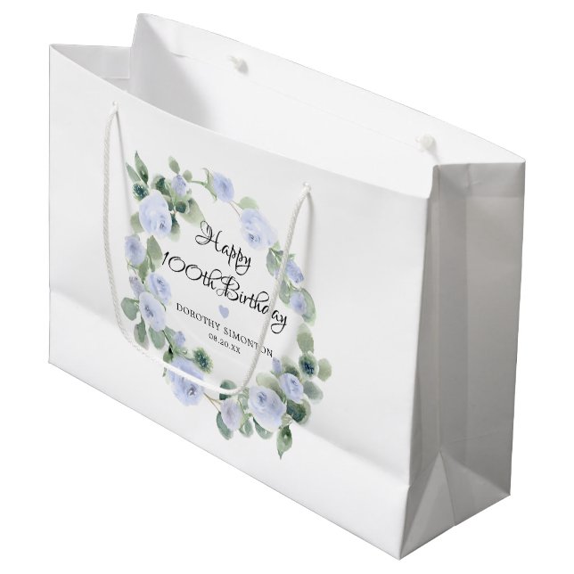 Blue Floral Eucalyptus Wreath 100th Birthday Large Gift Bag (Front Angled)