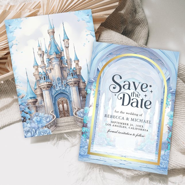 Blue Floral Fairytale Castle Wedding Save The Date (Creator Uploaded)