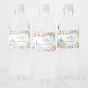 Blue Floral Fall Pumpkin Baby Shower Water Bottle Label