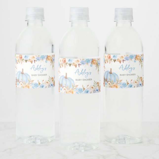 Blue Floral Fall Pumpkin Baby Shower Water Bottle Label (Bottles)