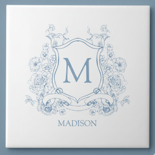 Blue Floral Family Crest Monogram Ceramic Tile
