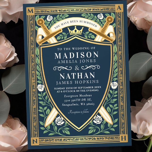 Blue Floral Fantasy Swords Shield Monogram Wedding Invitation (Creator Uploaded)