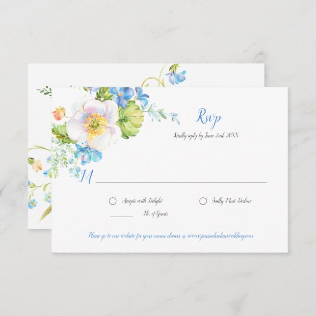 Blue Floral Fantasy Watercolor Floral RSVP Card (Front/Back)