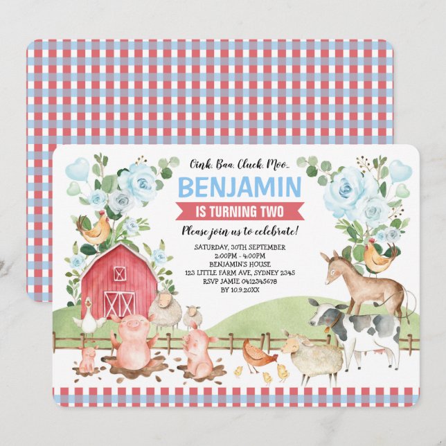 Blue Floral Farm Animals Barnyard Birthday Party Invitation (Front/Back)