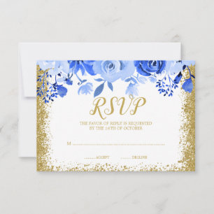 Blue Floral Faux Gold Glitter Quinceanera RSVP Card