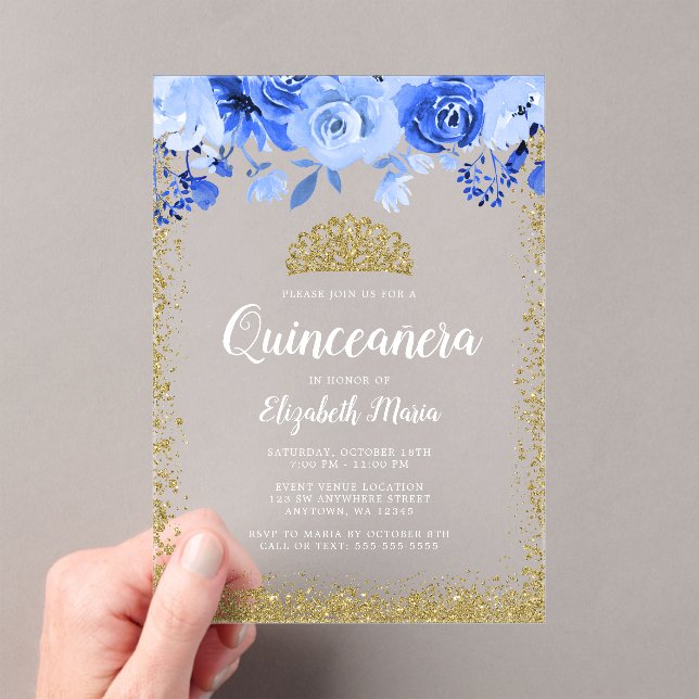 Blue Floral Faux Gold Glitter Tiara Quinceanera Acrylic Invitations (Insitu (Handheld))