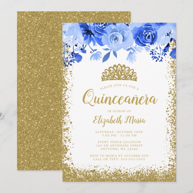 Blue Floral Faux Gold Glitter Tiara Quinceanera Invitation (Front/Back)