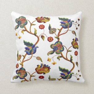 Blue Floral Faux Jacobean Embroidery Cushion