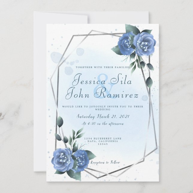 Blue Floral Faux Silver Foil Water Colour Invitation (Front)