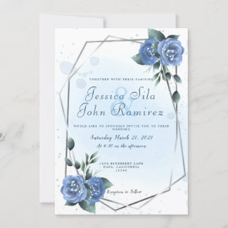 Blue Floral Faux Silver Foil Water Colour Invitation