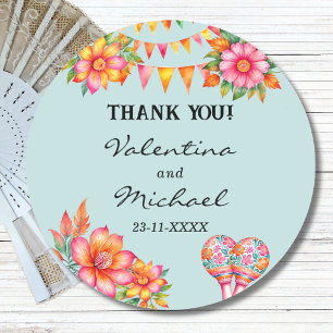 Blue Floral Fiesta Mexican Wedding Thank You Classic Round Sticker