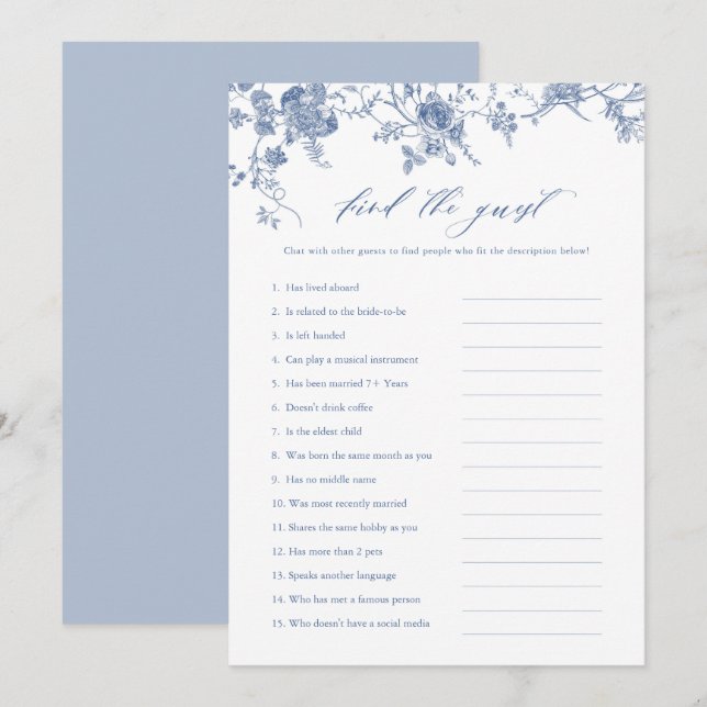 Blue Floral Find the Guest Bridal Shower Game Card (Front/Back)