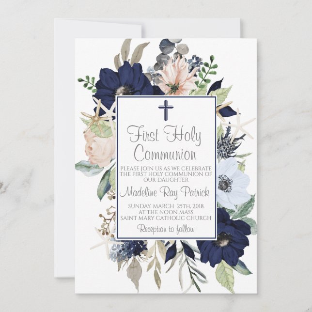 Blue Floral First Communion Invitation (Front)