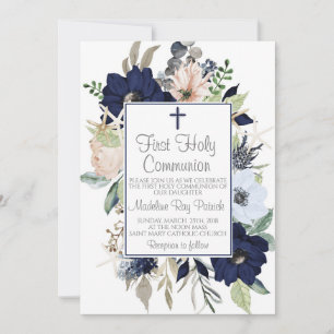 Blue Floral First Communion Invitation