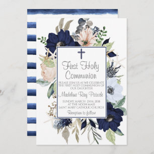 Blue Floral First Communion Invitation