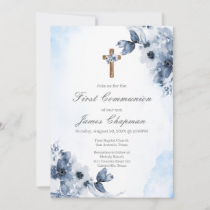 Blue floral first communion invitation 