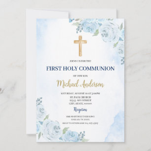 Blue Floral First Communion Invitation