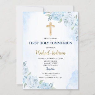 Blue Floral First Communion Invitation