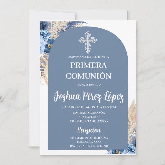 Blue Floral first communion Spanish Invitation (Front)