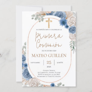 Blue Floral First Communion Spanish Invitation