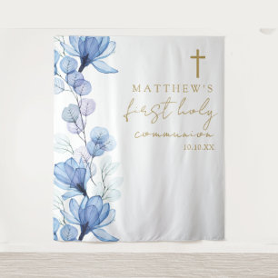 Blue Floral First Holy Communion Photo Backdrop Tapestry