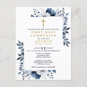 Blue Floral First Holy Communion Save The Date Postcard