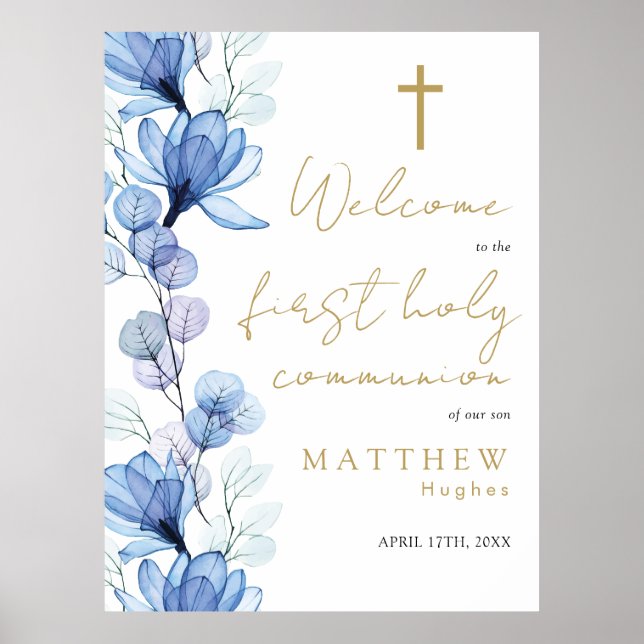 Blue Floral First Holy Communion Welcome Sign (Front)