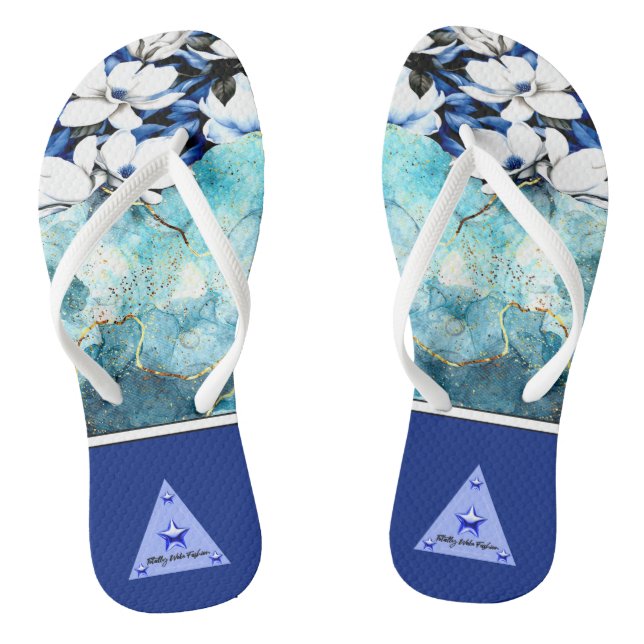 Blue Floral Flip Flops (Footbed)