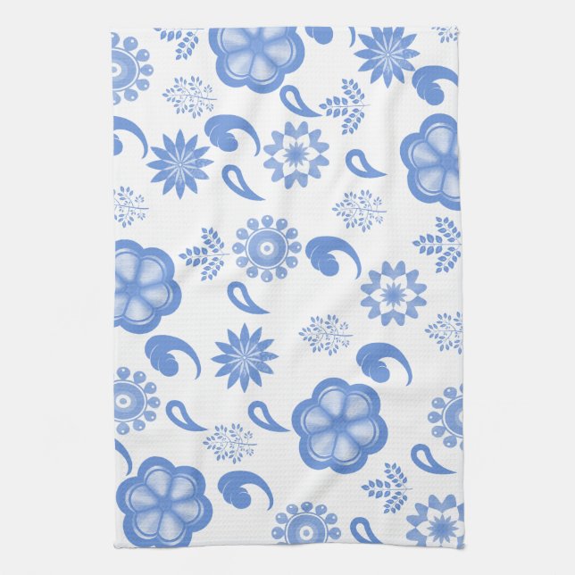 Blue Floral Flourish Toile Tea Towel (Vertical)