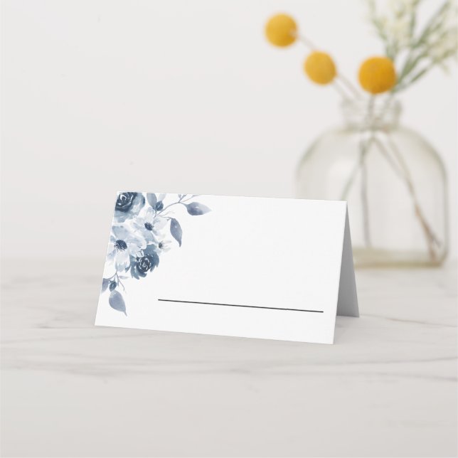 Blue Floral Folded Place Card (Front)