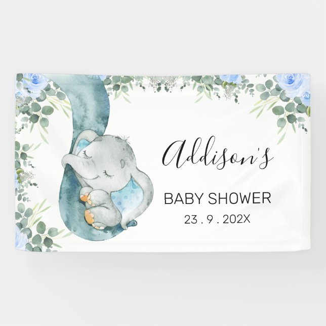 Blue Floral Foliage Elephant Baby Shower Banner (Horizontal)