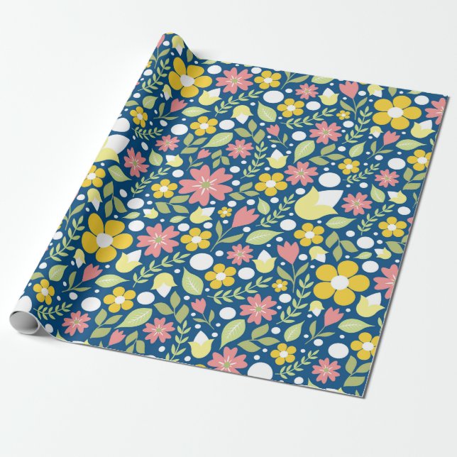 Blue Floral Folk Art Pattern Wrapping Paper (Unrolled)